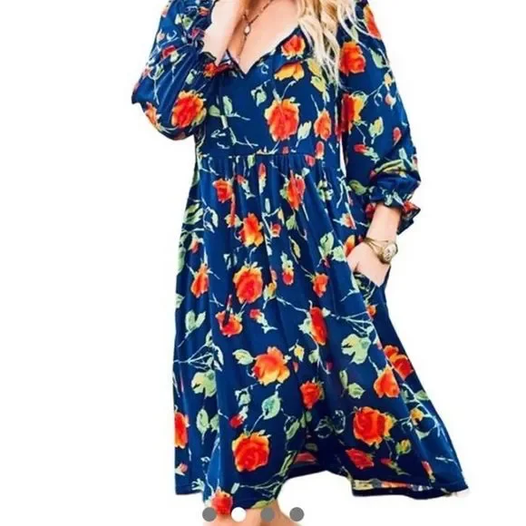 NEW Navy And Red Floral Dress With Ruffle & Empire Waist  - Size L - Picture 2 of 4